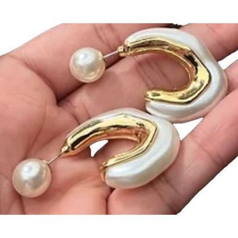Abstract Pearl Half Moon Hoop Earrings